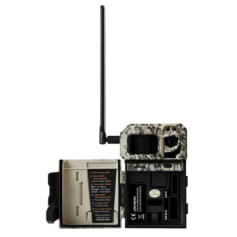 Smallest Cellular Trail Cam For Outdoors With 4G Photo Transmission And Preactivated SIM, open view showing compartments and antenna