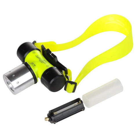 Waterproof Diving Headlamp 1200 Lumen Underwater Light with rechargeable battery, yellow strap, and charger
