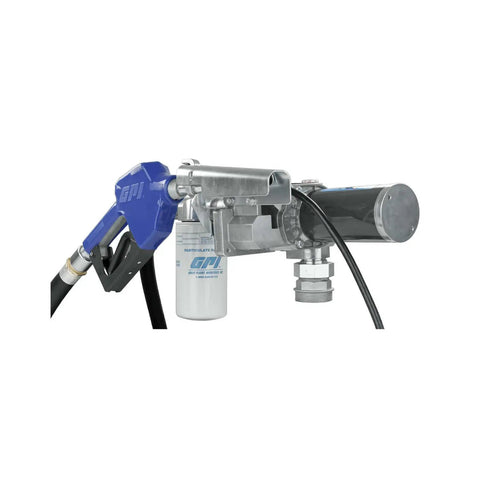 No Sweat Fuel Transfer Pump With Automatic Shut Off Nozzle And Premium Filter Kit 18 GPM 12 Volt Motor, close-up view of nozzle and filter.