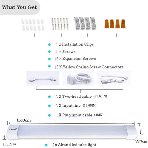 Two Pack Linkable LED Shop Lights 2ft And 4ft Waterproof Tubes 5000K Under Cabinet Lighting components and installation materials