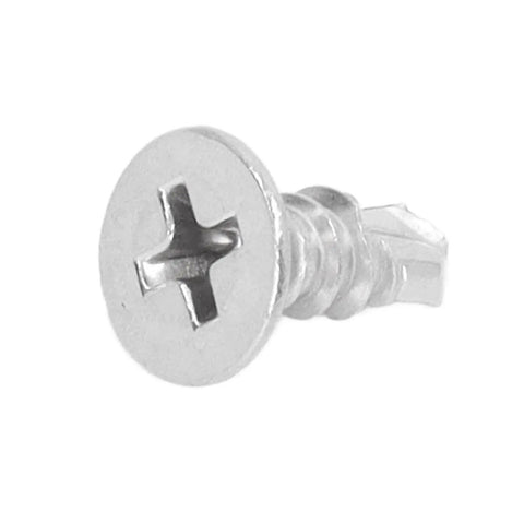 Close-up of a single self-drilling screw from 200 Pcs Self Drilling Screws Set With Countersunk Cross Head Stainless Steel Full Thread Fasteners For Wood And Metal M4.2-18 13mm Length No Pre Drill Needed Easy Install Hardware Kit, showing cross head and full thread design.