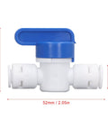 Slick Quick Connect Shut Off Valves For 1/4 Inch Water Line Tubing with blue lever and white body, ideal for easy plumbing setups.