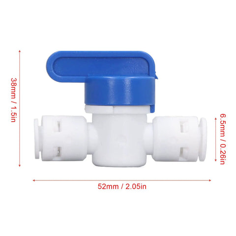 Slick Quick Connect Shut Off Valves For 1/4 Inch Water Line Tubing with blue lever and white body, ideal for easy plumbing setups.