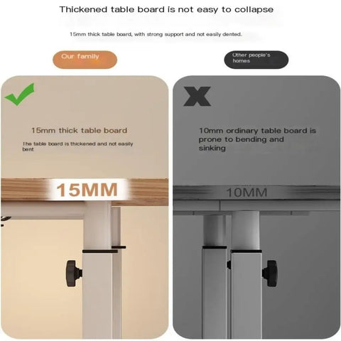 Effortless Height Adjustable Rolling Computer Desk comparison of 15mm thick and 10mm ordinary table boards for durability.