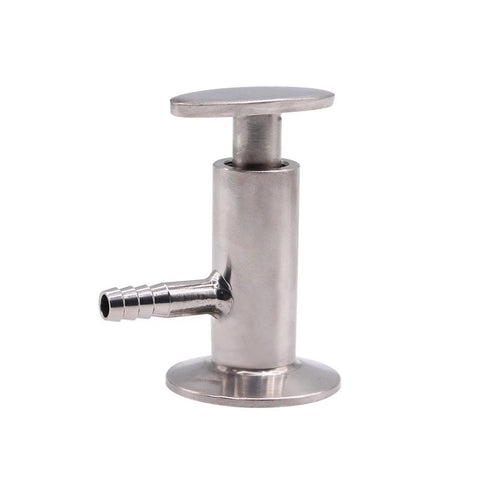 DERNORD sanitary sample valve, front view; stainless steel body with elliptic handle and side barbed outlet