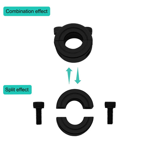 Double Split Shaft Collars 5/16 Inch Bore Clamp-On Black Oxide Carbon Steel Solid Rings for 8mm Round Rods, split and assembled views.