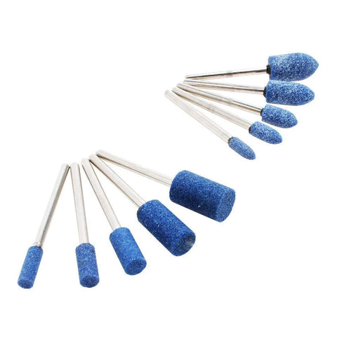 Set of ten 1/8-inch shank mounted abrasive stone grinding bits with blue cylindrical tips for rotary tools
