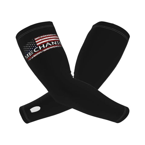 Premium Ice Silk Cooling Arm Sleeves Feature An Iconic American Flag Print To Keep You Chillin While Shutting Out Harsh Ultraviolet Rays Perfect For Road Trips Gym Sessions Or Hot Summer Kickback. Black arm sleeves with American flag design.