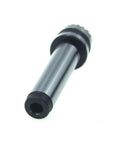 Angled side view of MT2 woodworking lathe drive center with 1-inch crown; silver steel shaft, black end hub.