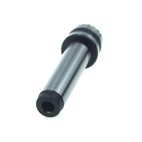 Angled side view of MT2 woodworking lathe drive center with 1-inch crown; silver steel shaft, black end hub.