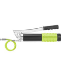 Heavy Duty Lever Action Grease Gun With Rigid And Flexible Extensions For Easy Lube Jobs 3 Way Loading Bulk Nipple And Cartridge Options Durable Cast Head Soft Grip 4 Jaw Coupler And Sturdy Follower Rod And Spring side view