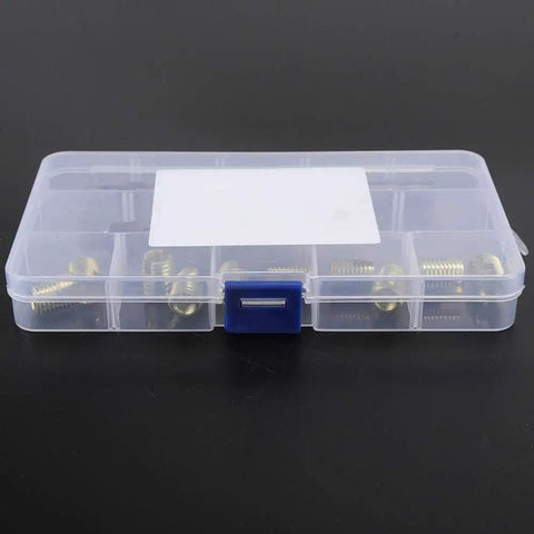 Plastic case containing 12 Piece M8 X 1.25 Thread Repair Kit With Self Tapping Inserts For Automobiles Rail Cars Home Appliances And Machinery DIY Friendly Durable Easy To Use For Fixing Stripped Threads In Metal Plastic.