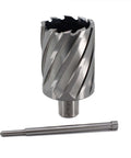 Front view of Oscarbide annular cutter with Weldon shank; 1-7/8 in diameter, 2 in depth of cut, shown with a matching pilot drill