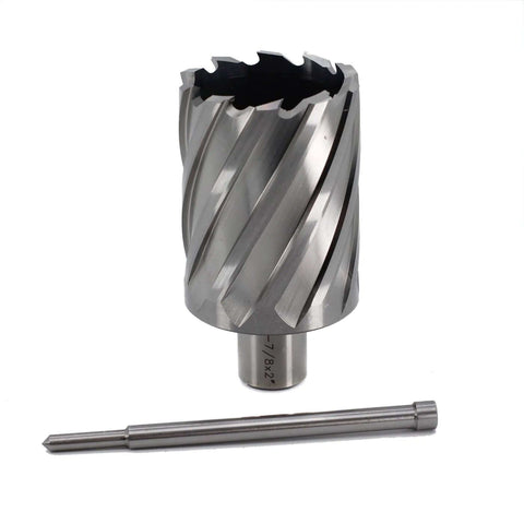 Front view of Oscarbide annular cutter with Weldon shank; 1-7/8 in diameter, 2 in depth of cut, shown with a matching pilot drill