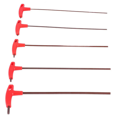 Absolute Beast 5 Piece T Handle Hex Wrench Set Forged From S2 Alloy Steel Heavy Duty Mechanical Repair Car Mechanic Work Rock Solid Build Quality With Full Size Range For CNC Machines And Garage Tool Organization Kits, five red T-handle hex wrenches