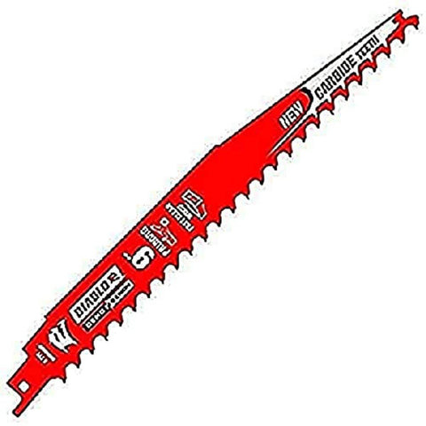 Beefy 9 Inch Carbide Tipped Reciprocating Saw Blades For Pruning And Clean Wood, 3 TPI, close-up view of one blade with red body