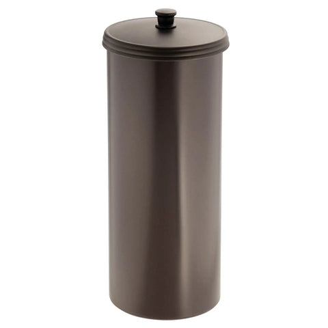 Dark brown metal cylinder with lid, not the "Free Standing Toilet Roll Holder Stand For Bathroom, Plastic Toilet Paper Dispenser, Holds Three Rolls, Water Resistant And Easy To Clean, No Drilling Needed, Space Saver Design, Pack Of 2, White".