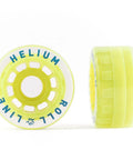 Helium Street Outdoor Roller Skate Wheels Set Of 8, 64mm Urethane Hi Rebound 83A, Clear Tread With Yellow Hub on display