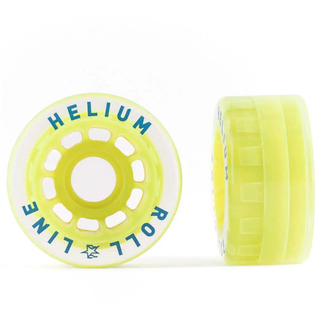 Helium Street Outdoor Roller Skate Wheels Set Of 8, 64mm Urethane Hi Rebound 83A, Clear Tread With Yellow Hub on display