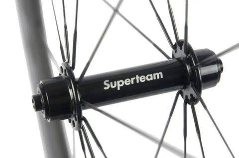 Close-up of hub on 50mm Carbon Clincher Wheelset For 700C Road Bikes, 23mm Rim Width, Deep Aero Profile, Basalt Braking Surface