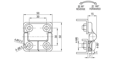 Technical diagram of Zinc Alloy Hydraulic Gate Hinge with constant friction torque for 40x40 50x50 60x60 doors and cabinets.