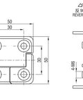 Technical drawing of heavy duty zinc alloy hydraulic torque hinge with constant friction for cabinets, 50x50 mm dimensions.