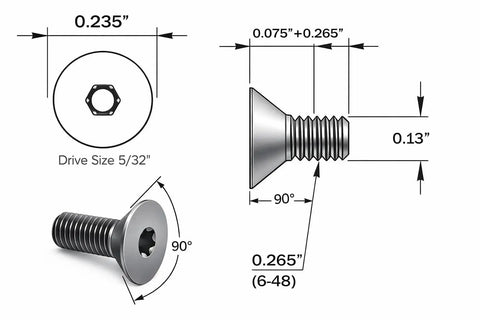 Top Shelf Ten Pack Number Six Forty Eight By One Quarter Inch Countersunk Torx Gunsmith Screws for Ruger, detailed dimensions and design.