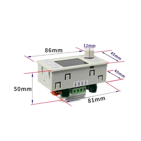 CNC DC Step Up Step Down Converter with color screen, displaying dimensions of 86mm x 50mm x 81mm for solar charging power supply