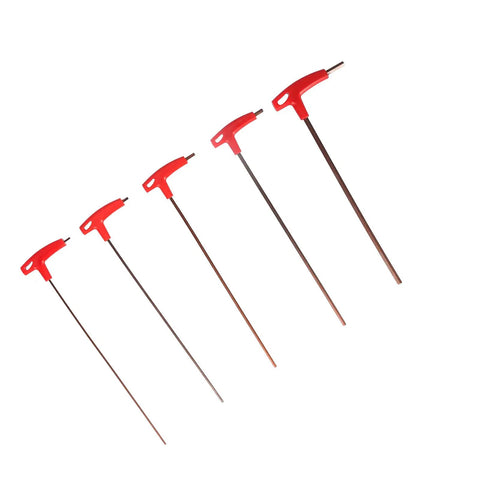Absolute Beast 5 Piece T Handle Hex Wrench Set Forged From S2 Alloy Steel Heavy Duty Mechanical Repair Car Mechanic Work Rock Solid Build Quality With Full Size Range For CNC Machines And Garage Tool Organization Kits, five red T-handle hex wrenches