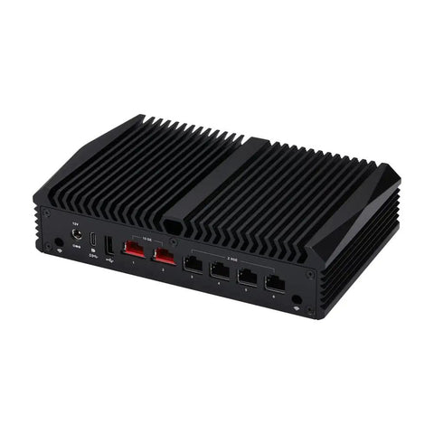 Intel X7425E Micro Server Gear Loaded With 8GB DDR4 RAM And 128GB M2 SSD rear view showcasing ports and heatsink design.