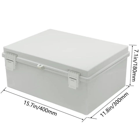 Weatherproof IP65 Junction Box In ABS Plastic With Hinged Shell For Outdoor Electrical Enclosures Includes Mounting Plate And Wall Brackets Grey 15.7 X 11.8 X 7.1 Inches 400 X 300 X 180 Mm DIY Friendly And Rugged. Grey ABS junction box with hinged shell, 400 x 300 x 180 mm