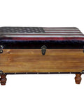 Vintage Wood Storage Ottoman Industrial Upholstered Footstool Entryway Shoe Bench Double Door Cube Trunk with American flag design.