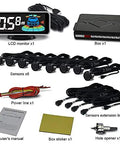Backup Parking Sensor System with LCD display, sensors, power lines, box, and manual for easy installation and use