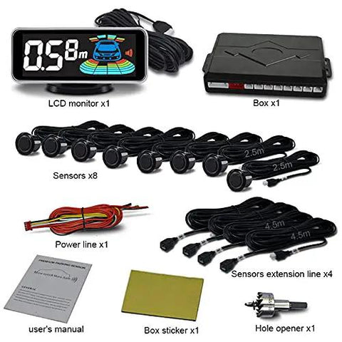 Backup Parking Sensor System with LCD display, sensors, power lines, box, and manual for easy installation and use