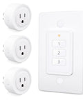Wireless Wall Switch Remote Outlet Three Pack With 656 Ft Range No Wiring Needed Control Three Plugs From One Remote For Lights And Small Appliances Magnetic Mount Compatible Portable Remote showing three white outlets and remote.