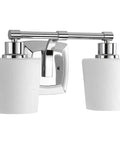 Glance Two-Light Bath Vanity Light in Brushed Nickel with Etched Linen Glass Shades, modern chrome finish, stout frame, front view
