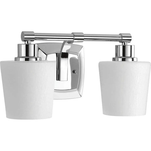 Glance Two-Light Bath Vanity Light in Brushed Nickel with Etched Linen Glass Shades, modern chrome finish, stout frame, front view