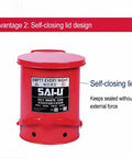 Heavy Duty Galvanized Steel Oily Waste Can Built Tough As Nails For Shop Use With Hands Free Kick Lever And Rust Proof Finish For Fire Safe Rag Pickup In Garages with self-closing lid design.