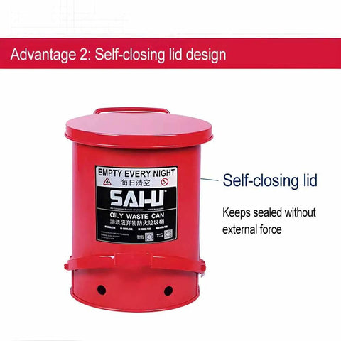 Heavy Duty Galvanized Steel Oily Waste Can Built Tough As Nails For Shop Use With Hands Free Kick Lever And Rust Proof Finish For Fire Safe Rag Pickup In Garages with self-closing lid design.
