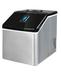 Slick Countertop Ice Cube Maker, Portable Electric Unit With Foolproof Touch Controls, angled view of sleek silver design and control panel
