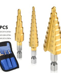 3 Piece Titanium Coated Step Drill Bit Set For Sheet Metal Holes And Cutting Multi Size Holes High Speed Steel Bits