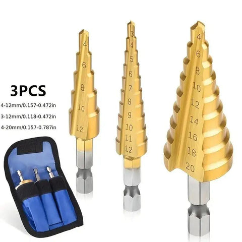 3 Piece Titanium Coated Step Drill Bit Set For Sheet Metal Holes And Cutting Multi Size Holes High Speed Steel Bits