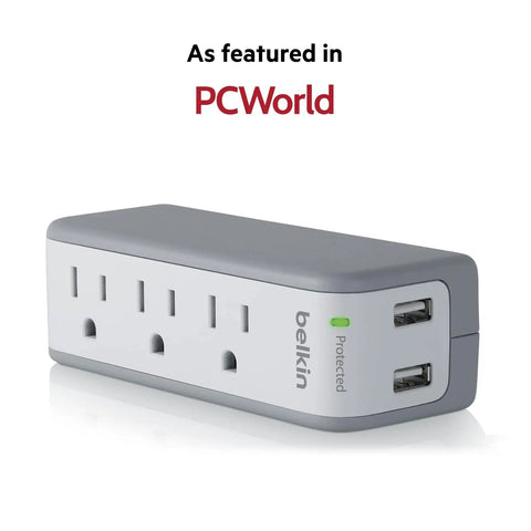 Wall Mount Surge Protector With Three AC Outlets And Two USB Ports Flat Rotating Plug Power Strip For Home Office Travel Wall Outlet Extender 918 Joules Of Surge Protection Ideal Desktop Charging Station side view