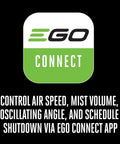 EGO Connect app interface for controlling Beast 10 Inch Oscillating Misting Fan with 1700 CFM and 20 MPH Air settings