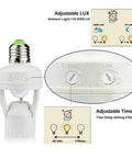 Motion Sensor Light Socket PIR E26 Bulb Adapter Auto On Off Night Light For Garage Basement Pantry Storage Room Easy Install Plug And Play No Fuss Lighting Solution, white adjustable lux and timer control