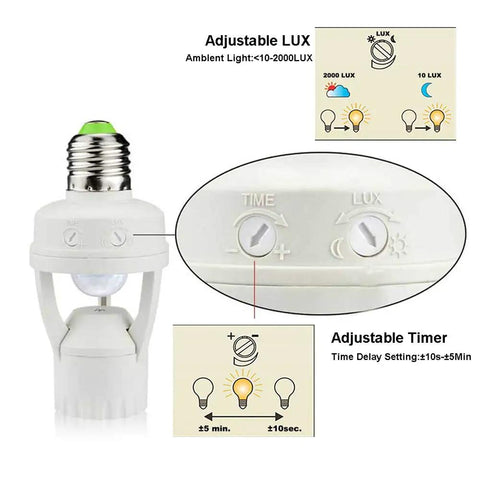 Motion Sensor Light Socket PIR E26 Bulb Adapter Auto On Off Night Light For Garage Basement Pantry Storage Room Easy Install Plug And Play No Fuss Lighting Solution, white adjustable lux and timer control