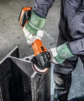 Beast Mode 18V Cordless Angle Grinder With Tool Free Adjustable Safety Guard And Quick Clamping Nuts For Lightning Fast Setup Runs Smooth On 12 To 18 Volt Li Ion Batteries Includes Durable Stackable Case in use on metal workpiece.