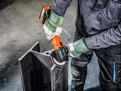Beast Mode 18V Cordless Angle Grinder With Tool Free Adjustable Safety Guard And Quick Clamping Nuts For Lightning Fast Setup Runs Smooth On 12 To 18 Volt Li Ion Batteries Includes Durable Stackable Case in use on metal workpiece.