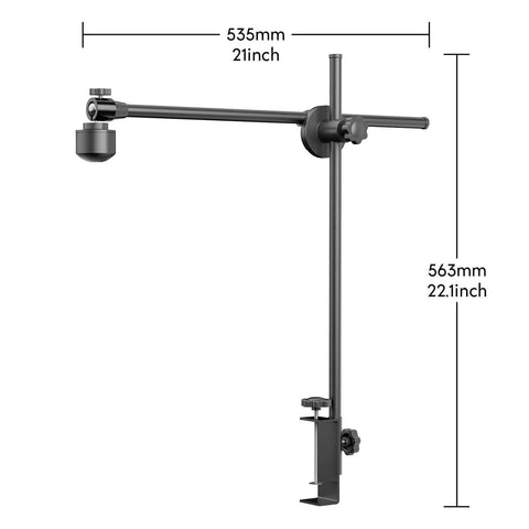LightBurn laser engraver camera kit on black adjustable stand; horizontal arm 535mm wide, vertical post 563mm tall.