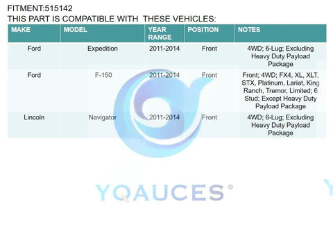 Table showing compatibility of Front Wheel Bearing And Hub Assembly For 2011 Through 2014 Ford F150 Expedition Lincoln Navigator 4WD 6 Lug With ABS Beefed Up Replacement Hub Bearing Durable Heavy Duty.